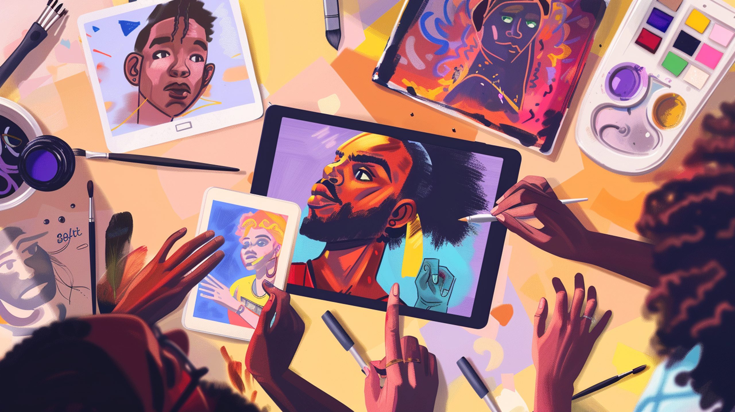 painting man with black hair is showing picture man with black hair