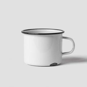 Tienda Simple white metal mug on clean white background, ideal for design projects.